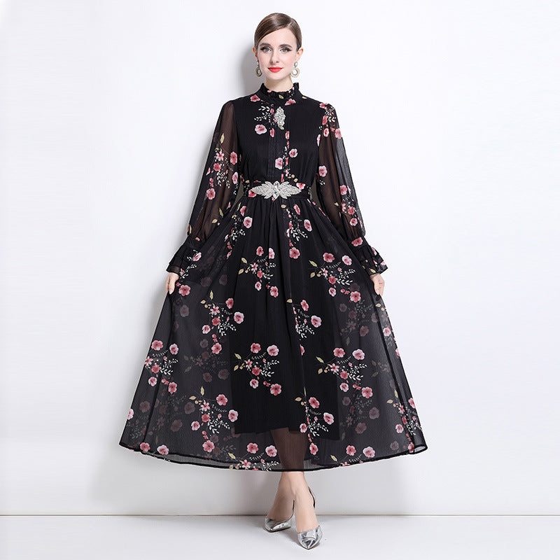 Black Flowy Floral Tiered Chiffon Gown With Belt
