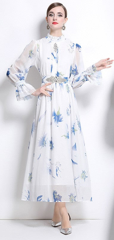 Blue Cherry Flowy Floral Tiered Chiffon Gown With Belt