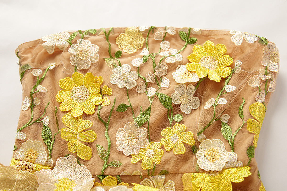 Yellow Floral Embroidered Strapless Dress