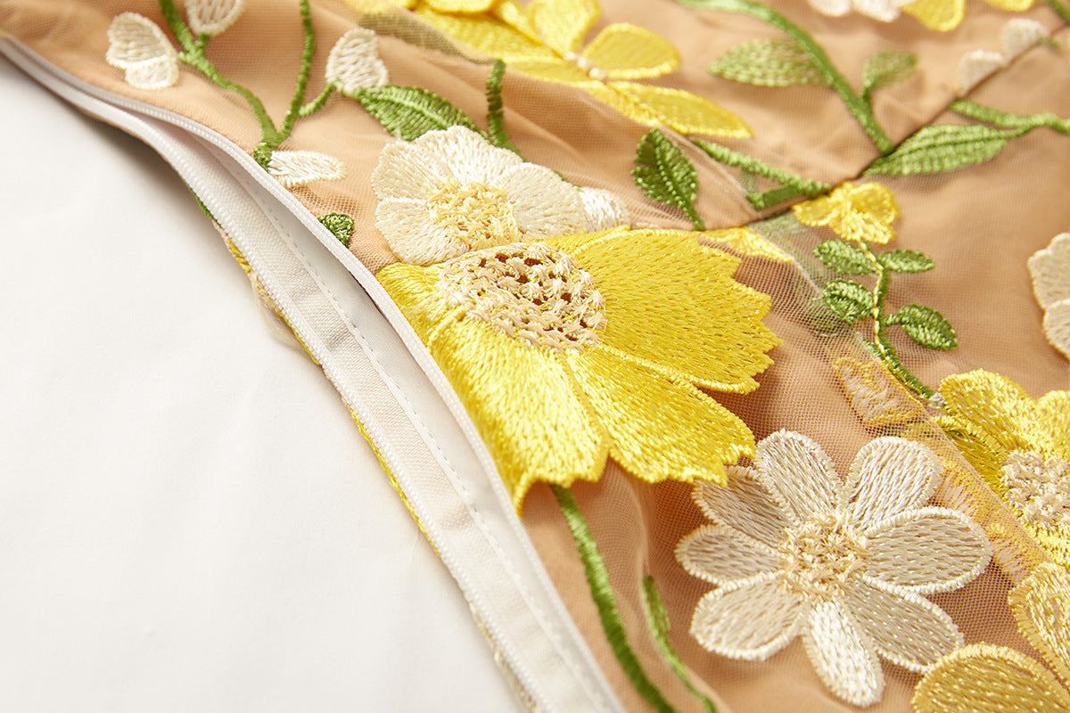 Yellow Floral Embroidered Strapless Dress