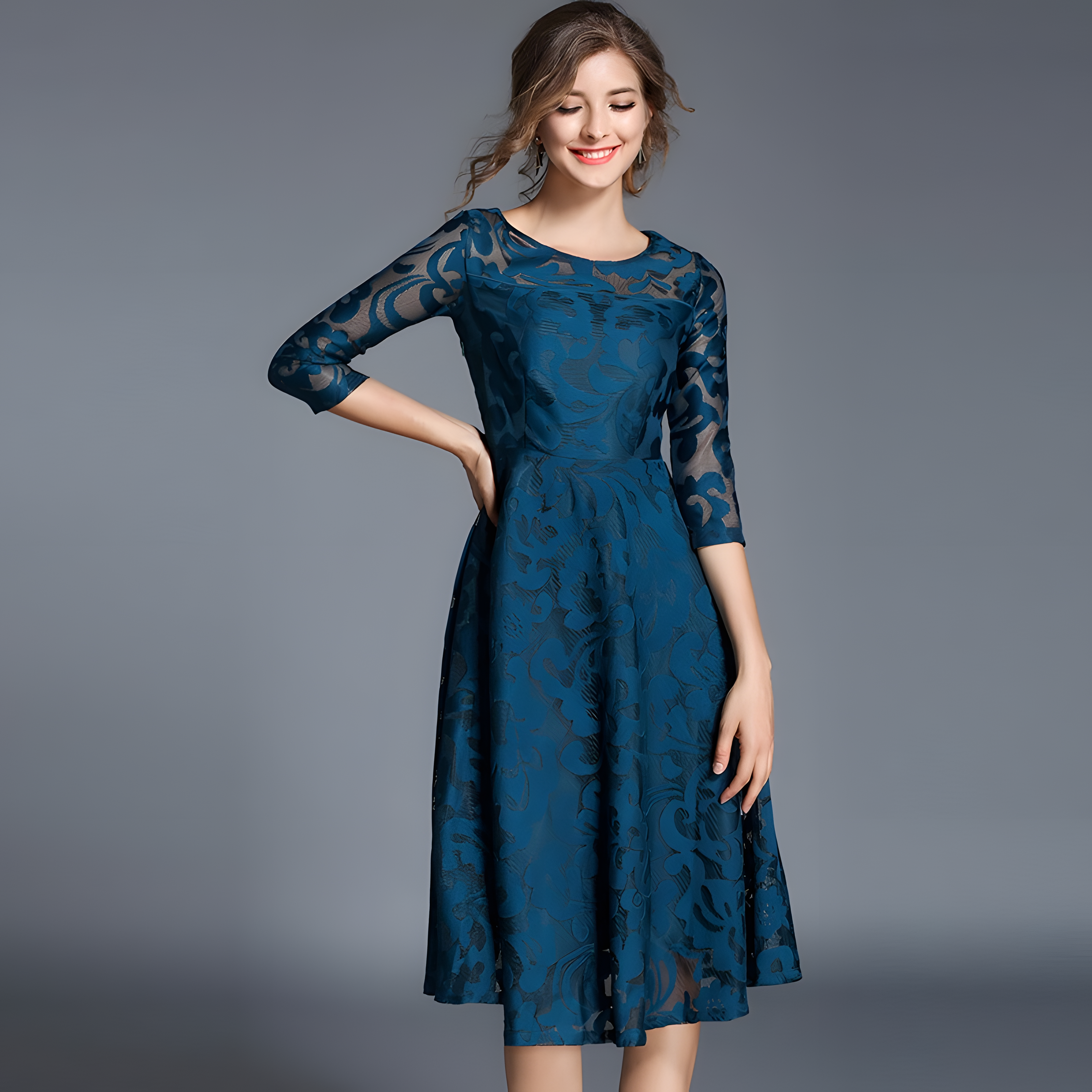 Lace Flocking Boat Neck Fitted Vest Large Hem Skirt Dress - 607715875502_PEACOCK BLUE
