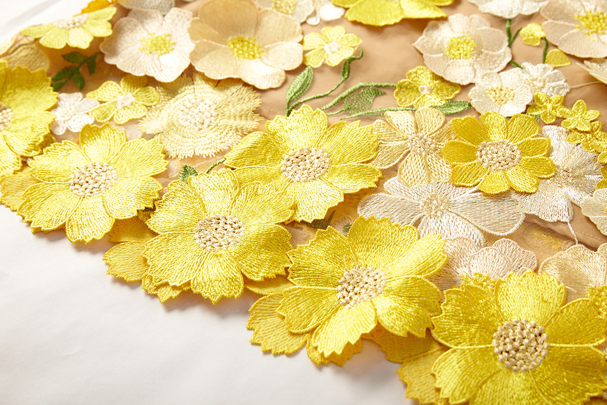 Yellow Floral Embroidered Strapless Dress