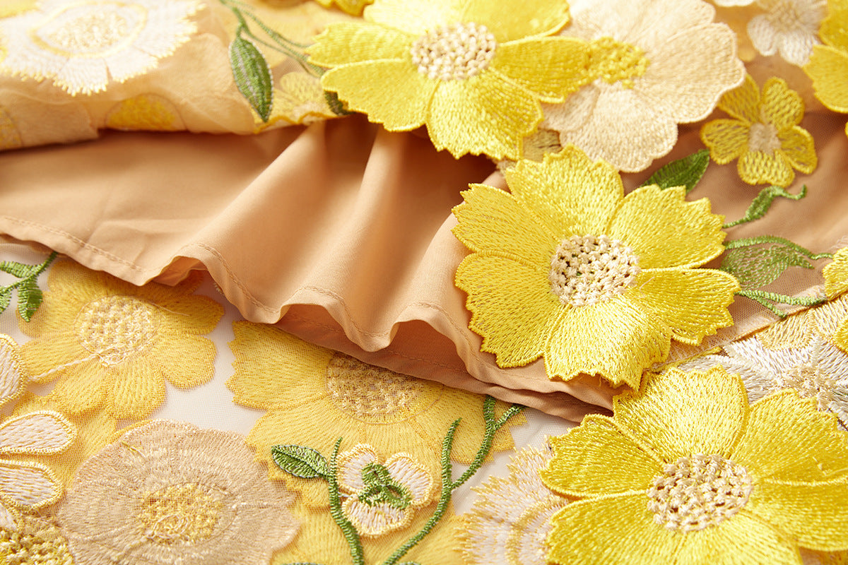 Yellow Floral Embroidered Strapless Dress