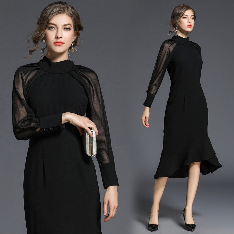 Black Sheer Sleeve High-Low Midi Dress