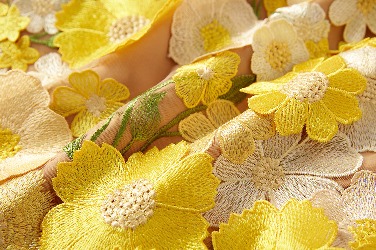 Yellow Floral Embroidered Strapless Dress