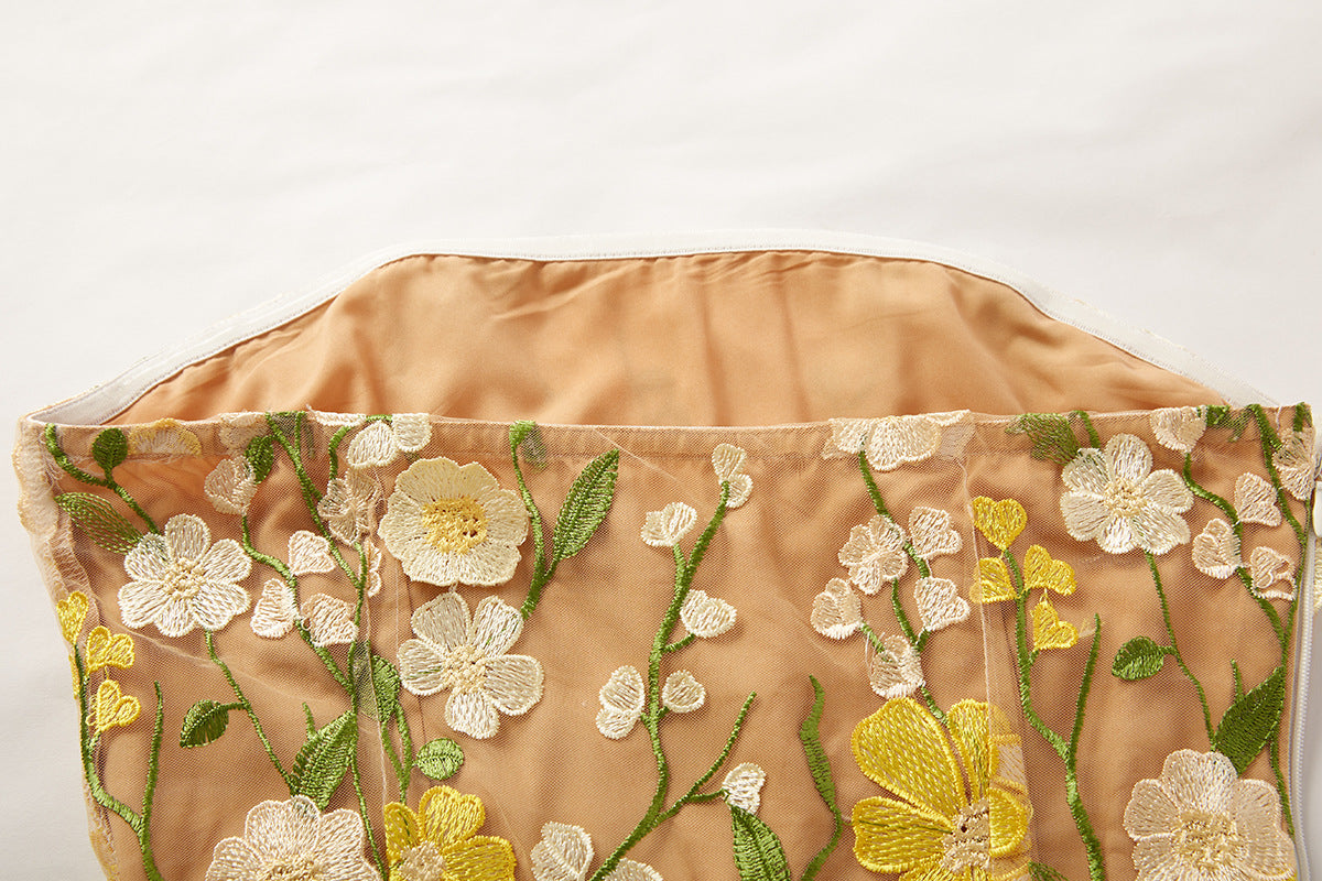 Yellow Floral Embroidered Strapless Dress