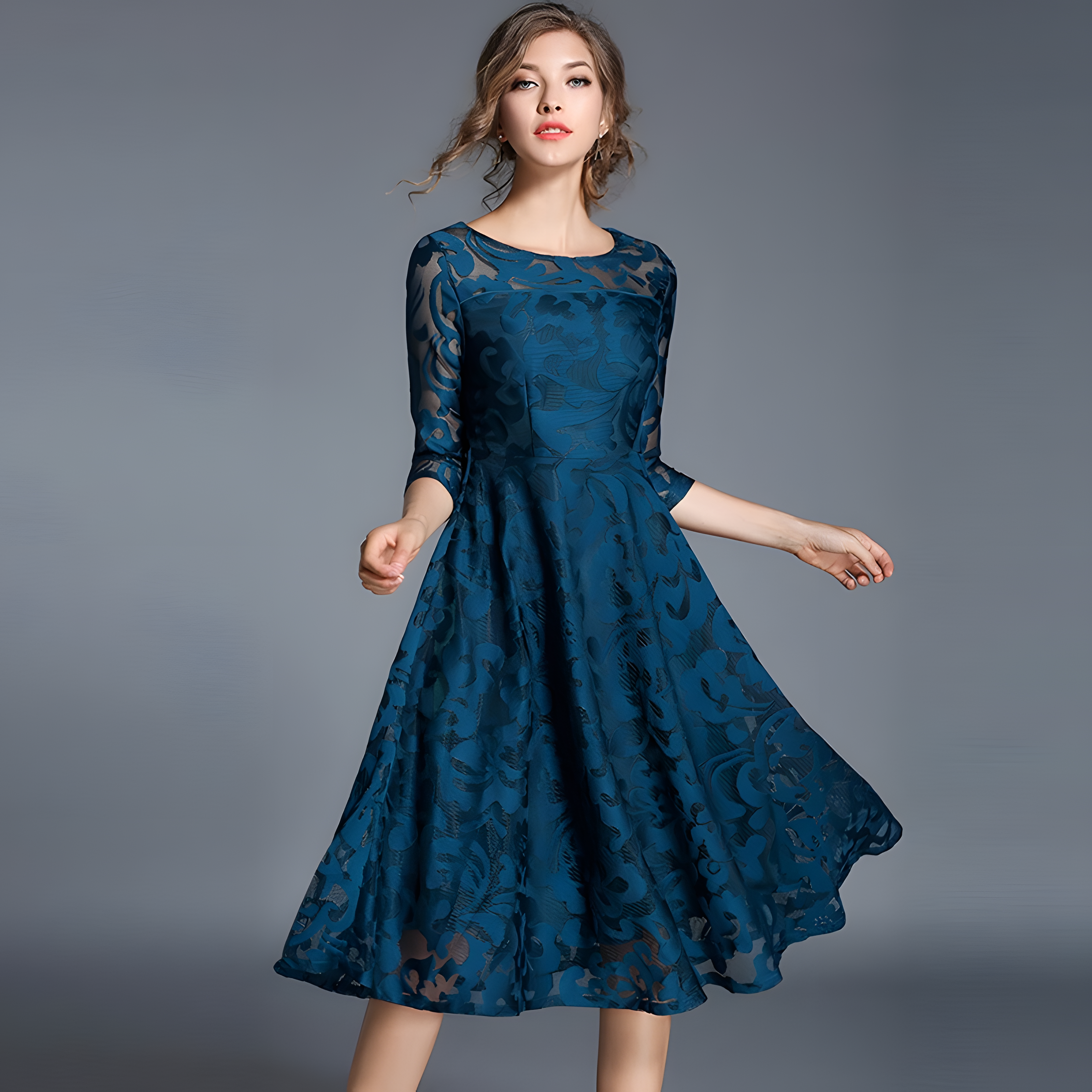 Lace Flocking Boat Neck Fitted Vest Large Hem Skirt Dress - 607715875502_PEACOCK BLUE