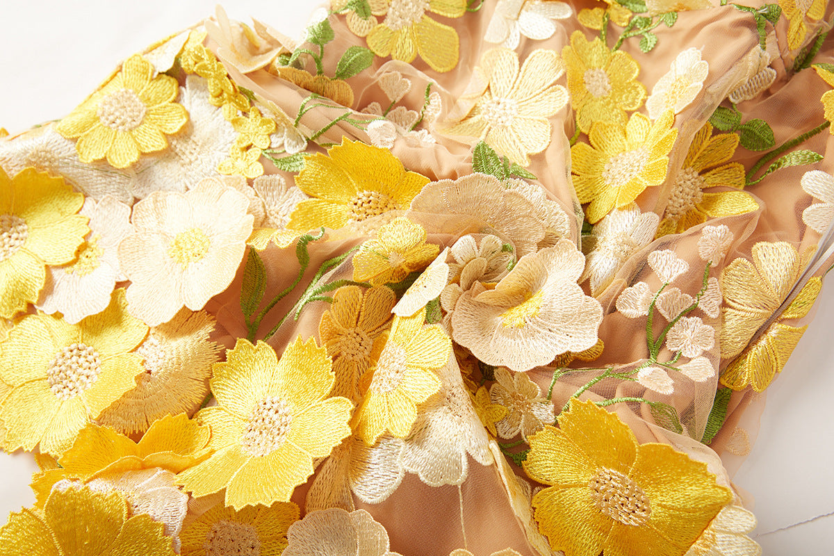Yellow Floral Embroidered Strapless Dress