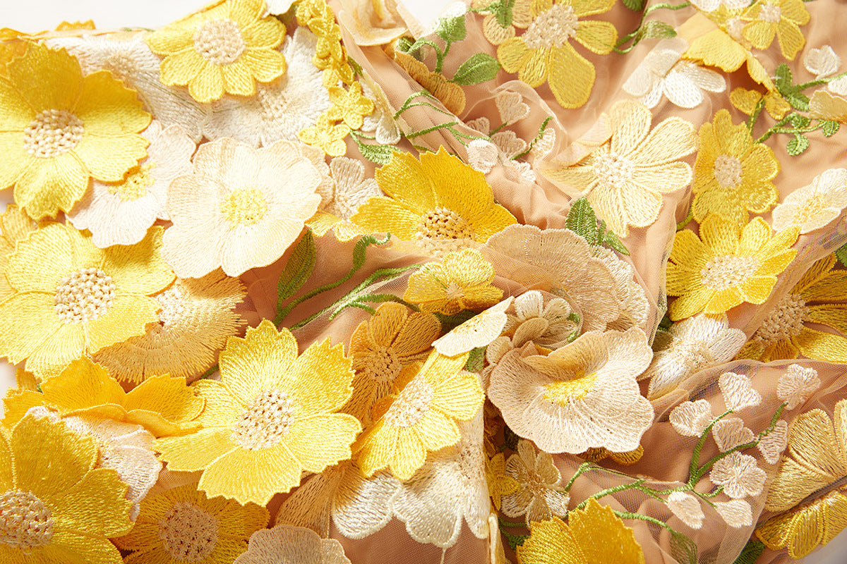 Yellow Floral Embroidered Strapless Dress