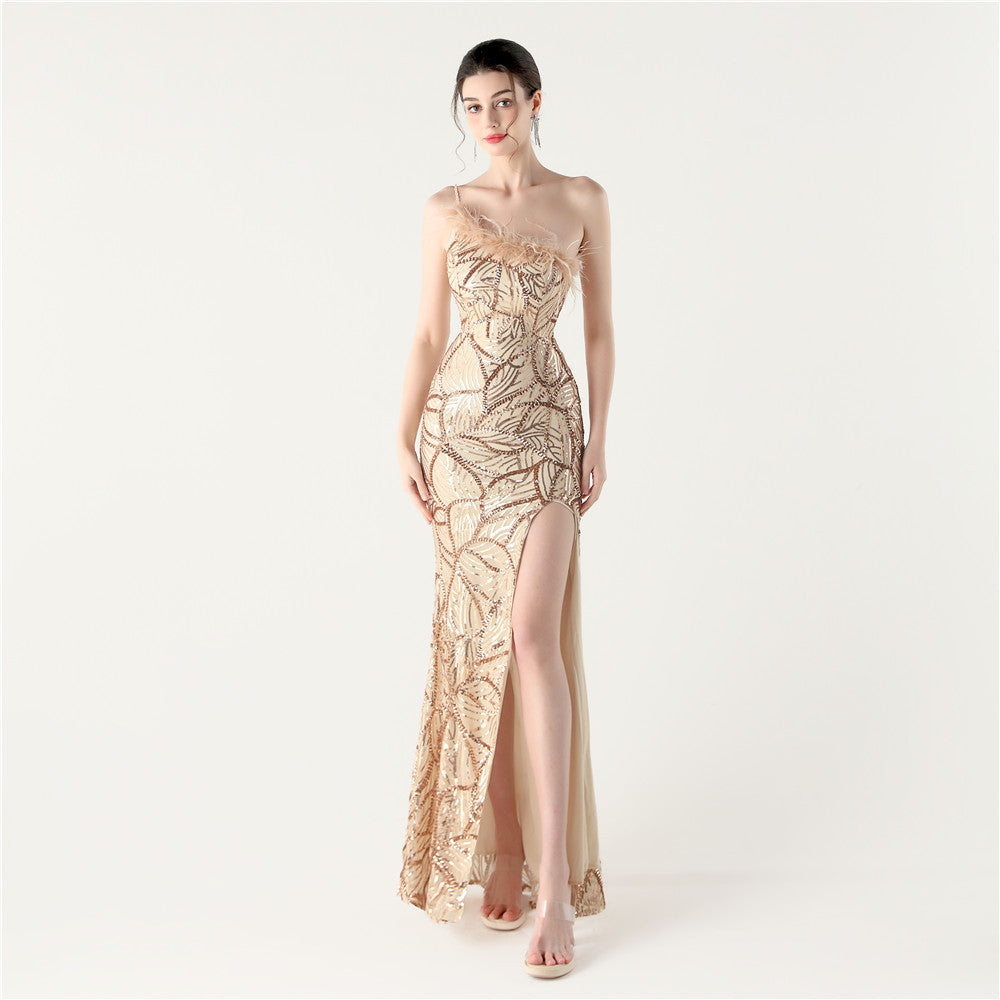 One-Shoulder Feathered Sequin Dress