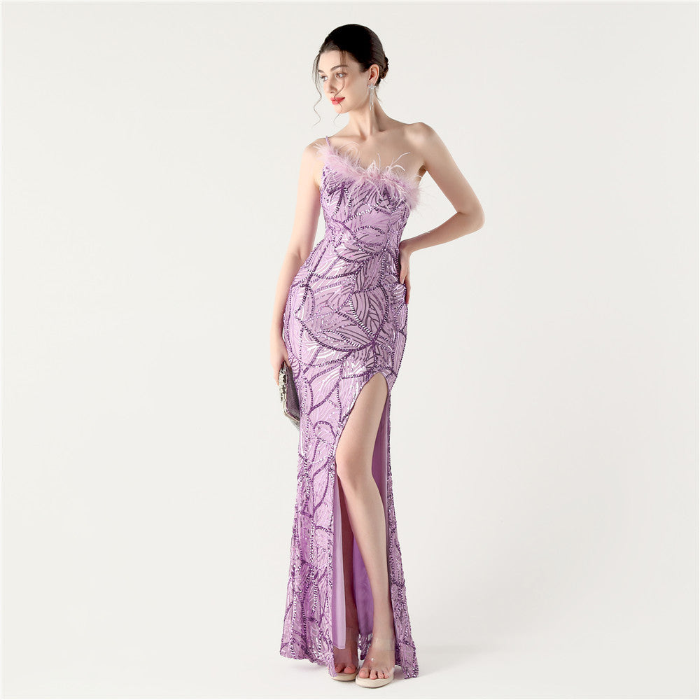One-Shoulder Feathered Sequin Dress