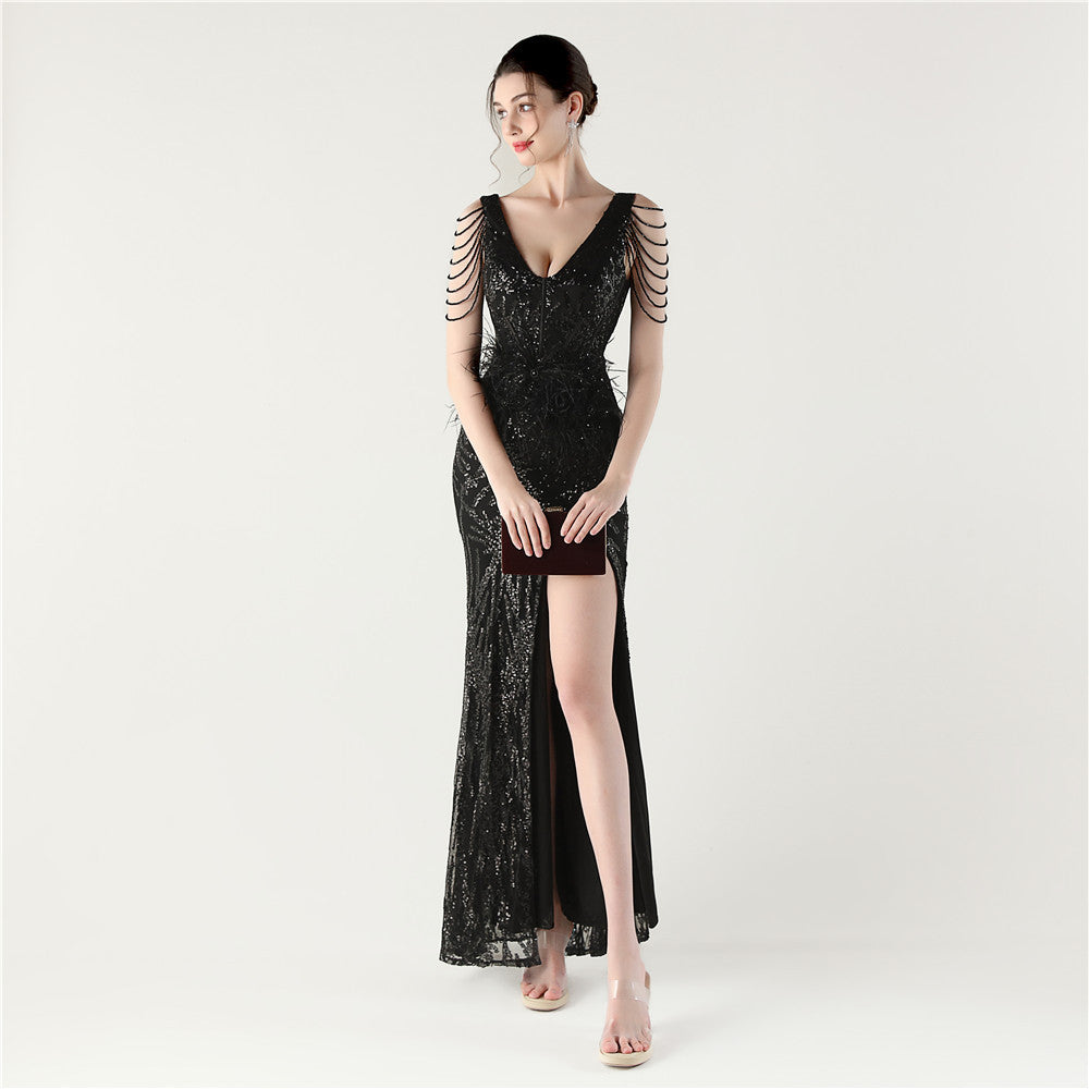 Sequin Slit Dress with Beaded Shoulder Fringe