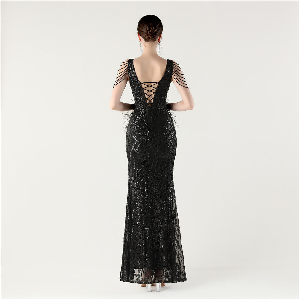 Sequin Slit Dress with Beaded Shoulder Fringe