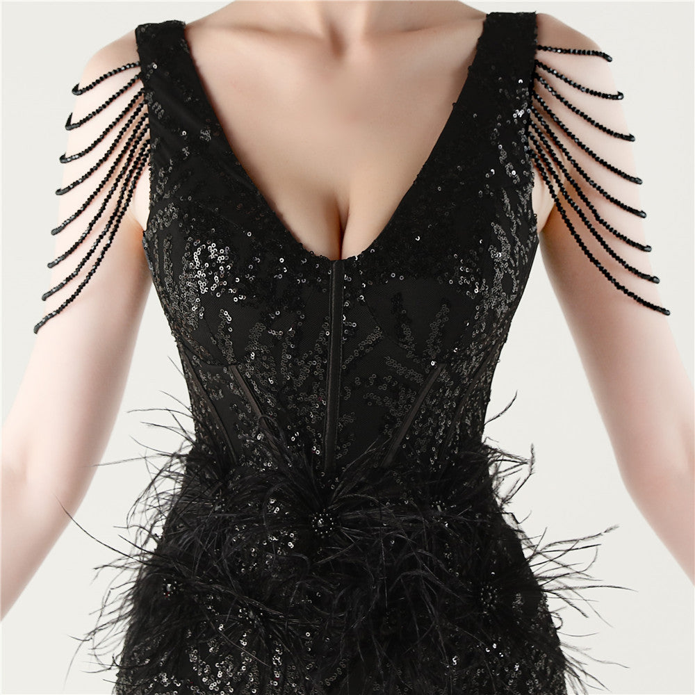 Sequin Slit Dress with Beaded Shoulder Fringe