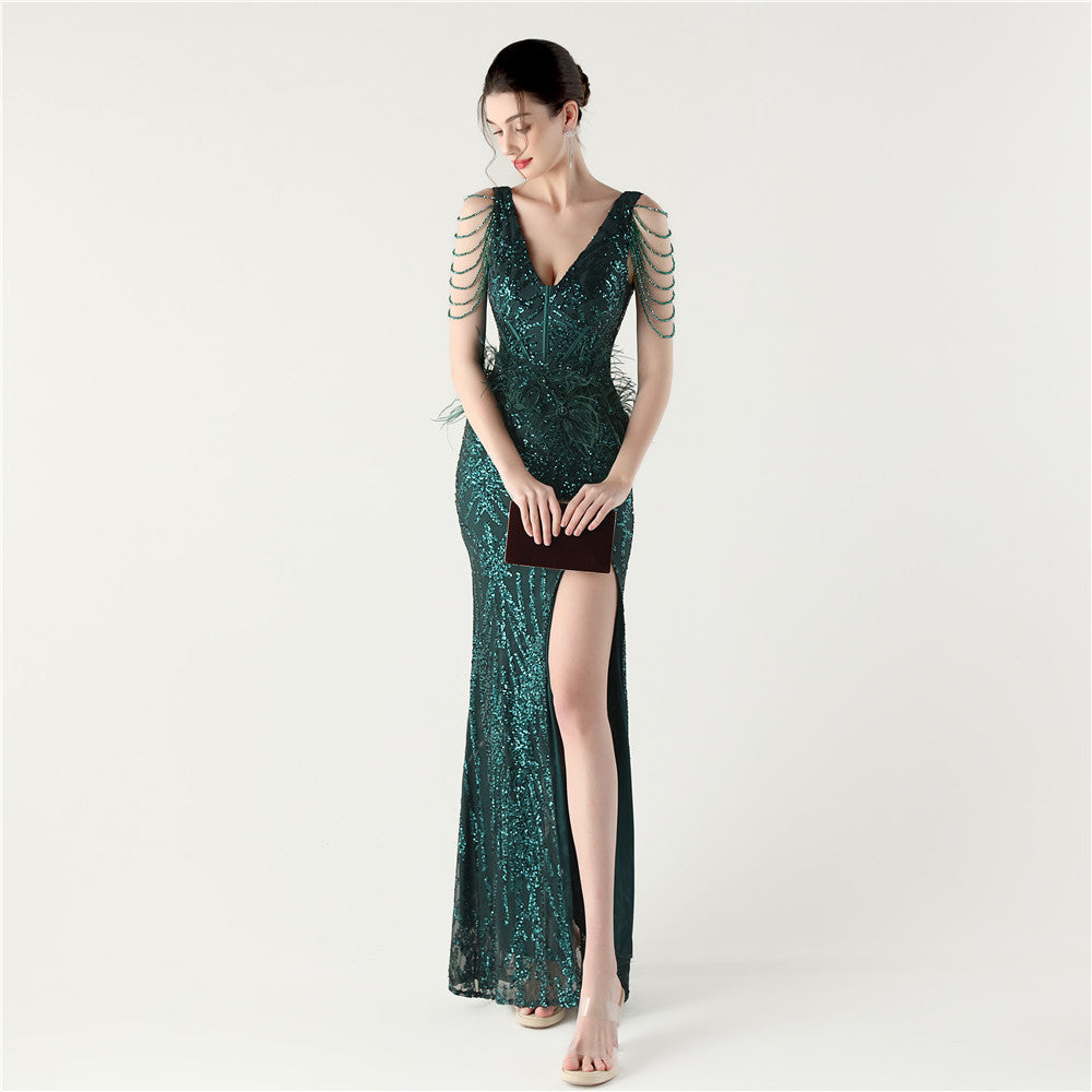 Sequin Slit Dress with Beaded Shoulder Fringe