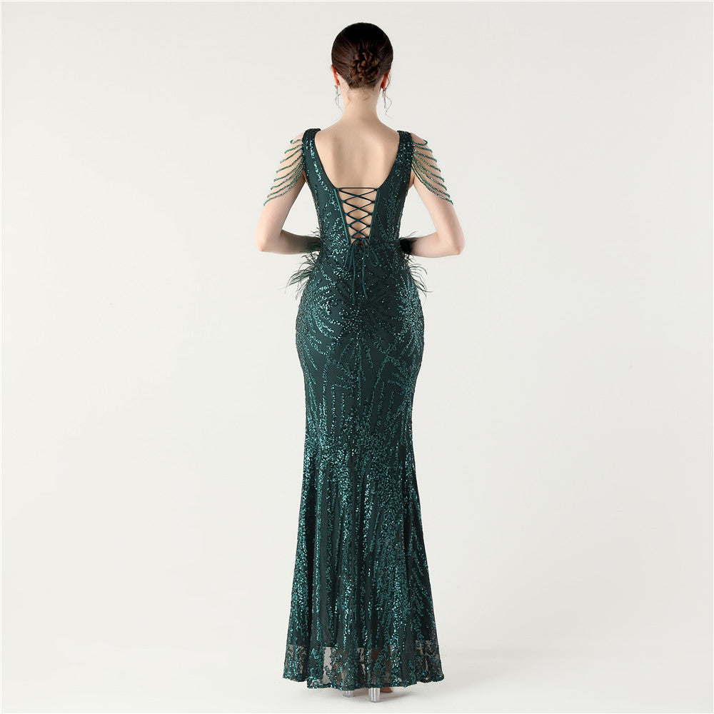 Sequin Slit Dress with Beaded Shoulder Fringe