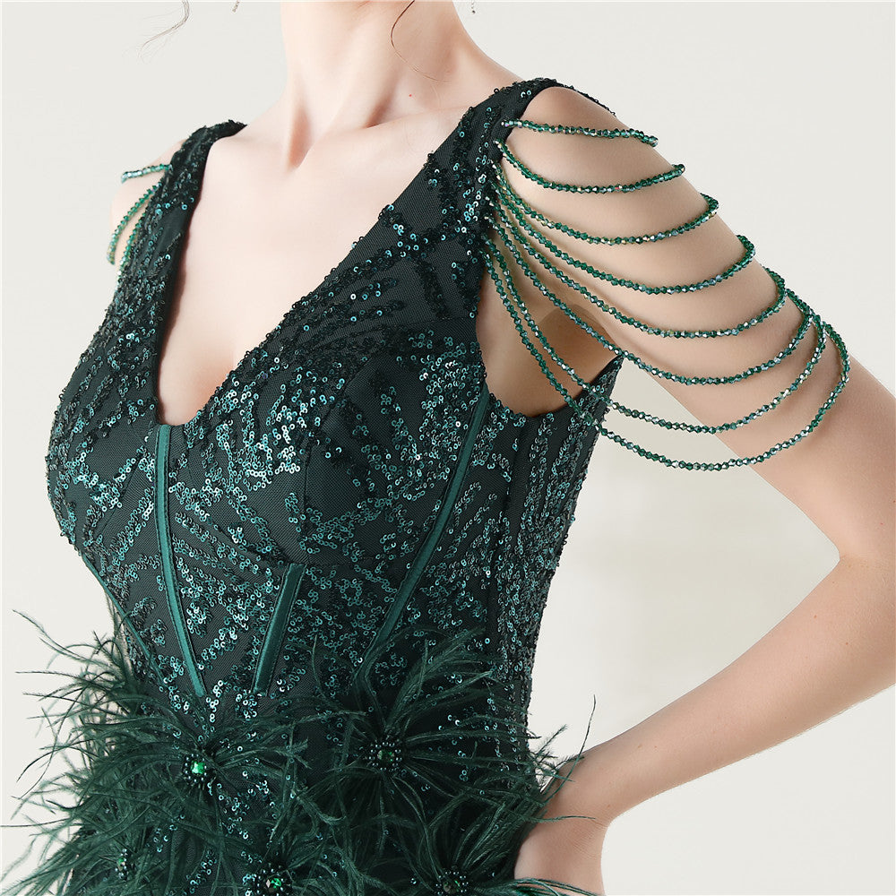 Sequin Slit Dress with Beaded Shoulder Fringe