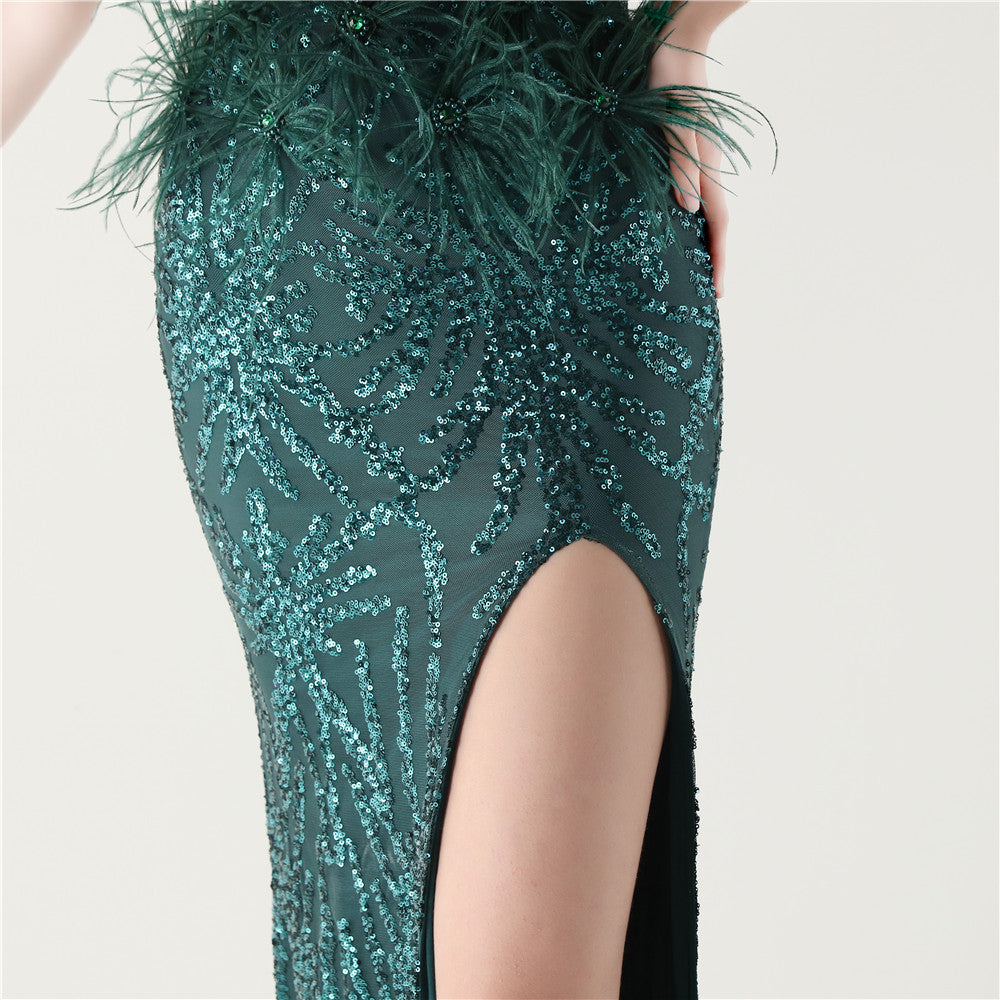 Sequin Slit Dress with Beaded Shoulder Fringe