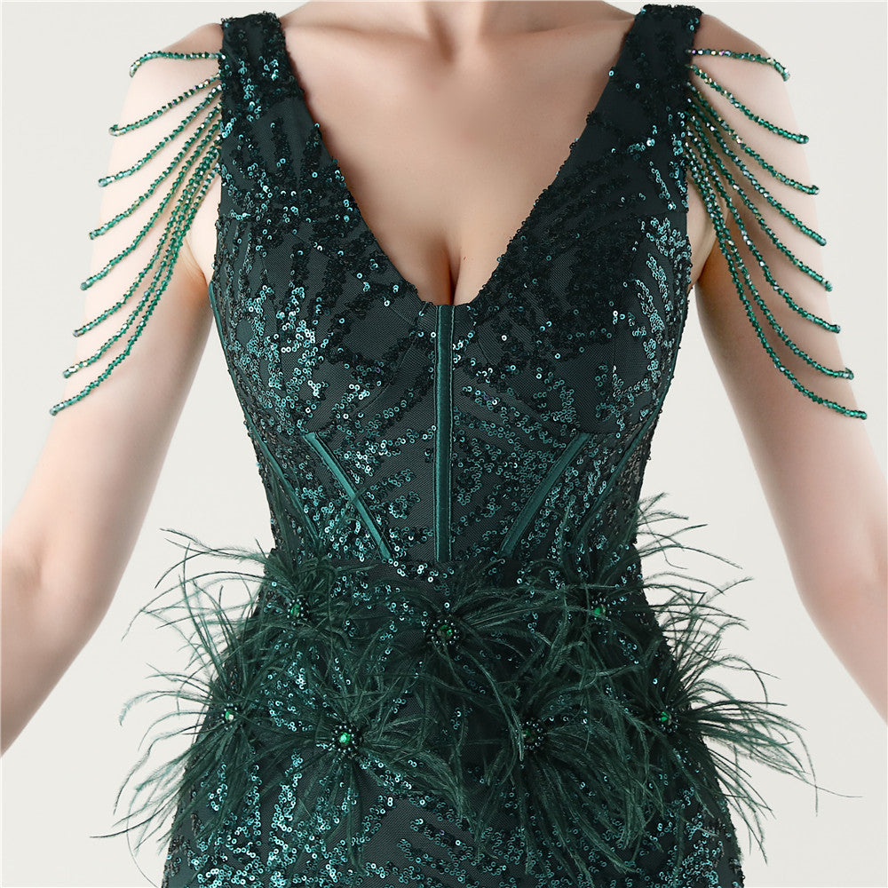 Sequin Slit Dress with Beaded Shoulder Fringe