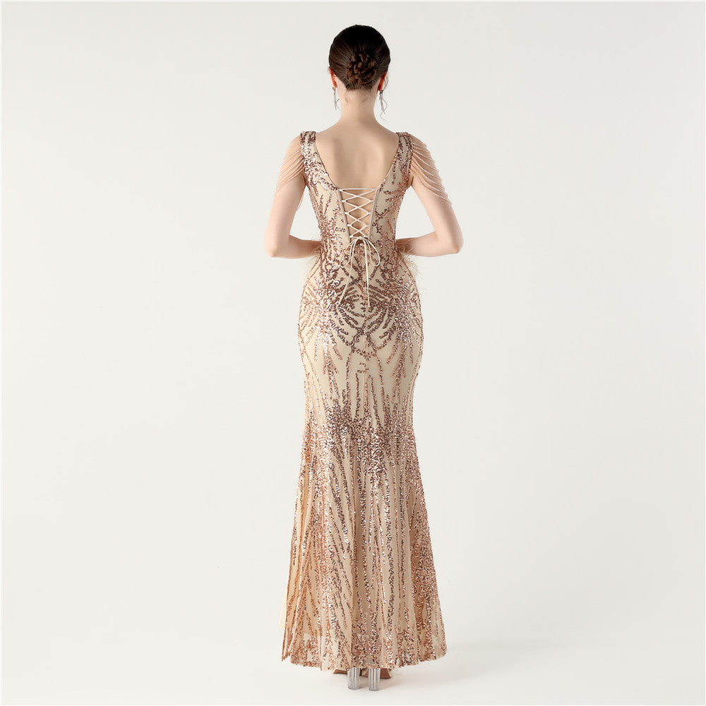 Sequin Slit Dress with Beaded Shoulder Fringe