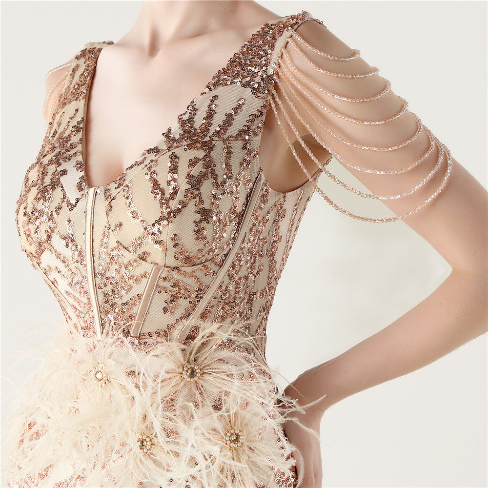 Sequin Slit Dress with Beaded Shoulder Fringe