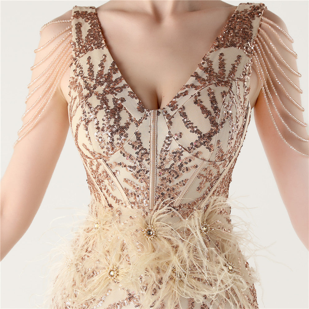 Sequin Slit Dress with Beaded Shoulder Fringe