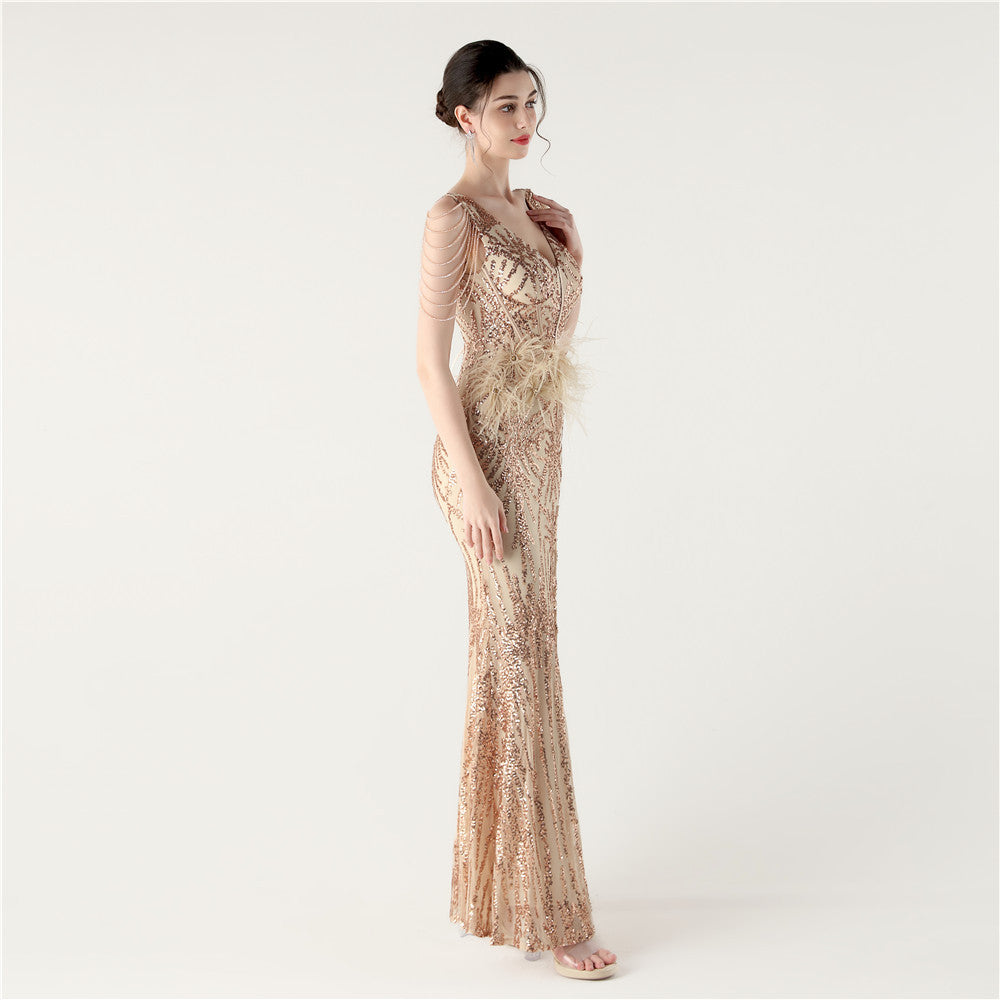 Sequin Slit Dress with Beaded Shoulder Fringe