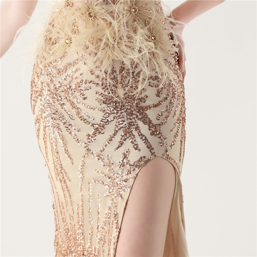 Sequin Slit Dress with Beaded Shoulder Fringe