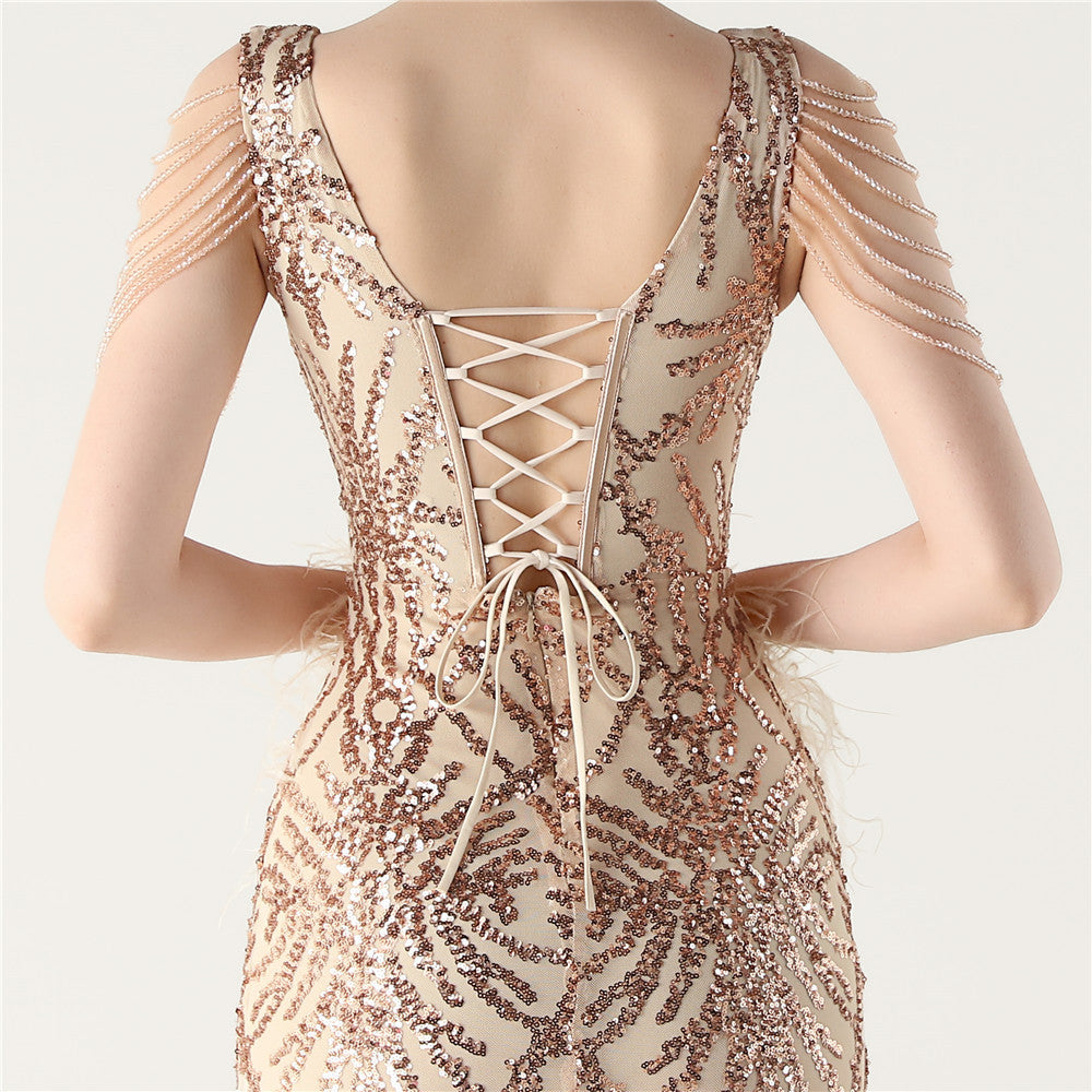 Sequin Slit Dress with Beaded Shoulder Fringe