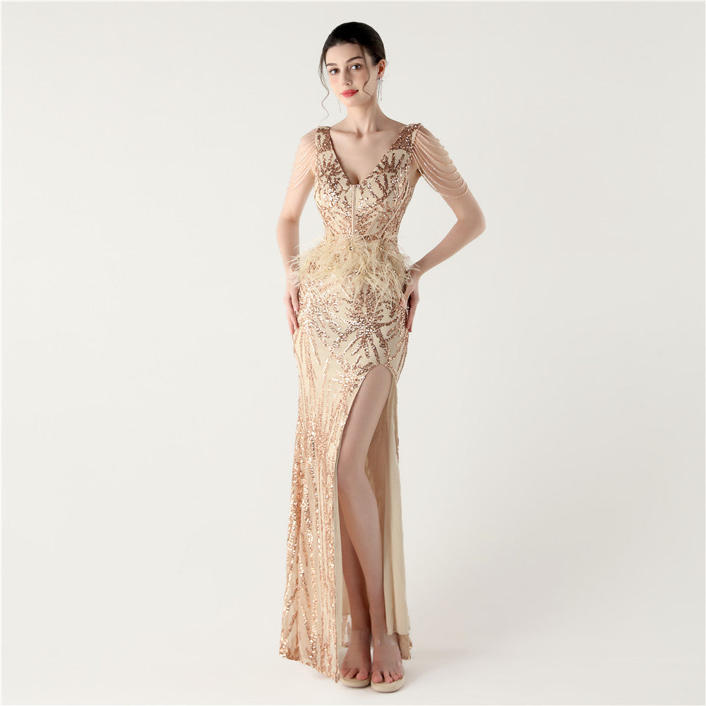 Sequin Slit Dress with Beaded Shoulder Fringe