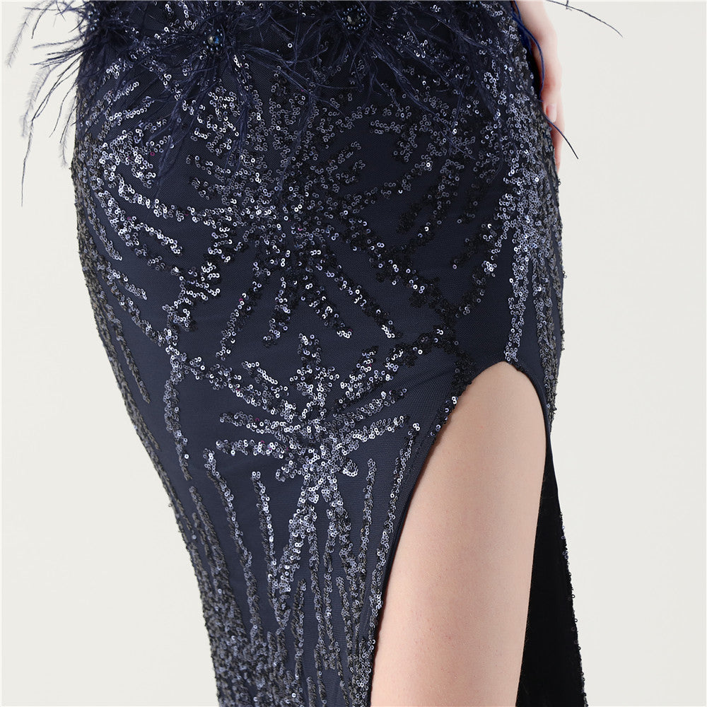 Sequin Slit Dress with Beaded Shoulder Fringe