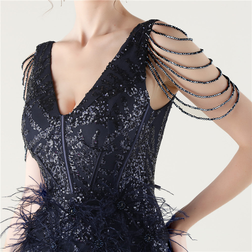 Sequin Slit Dress with Beaded Shoulder Fringe