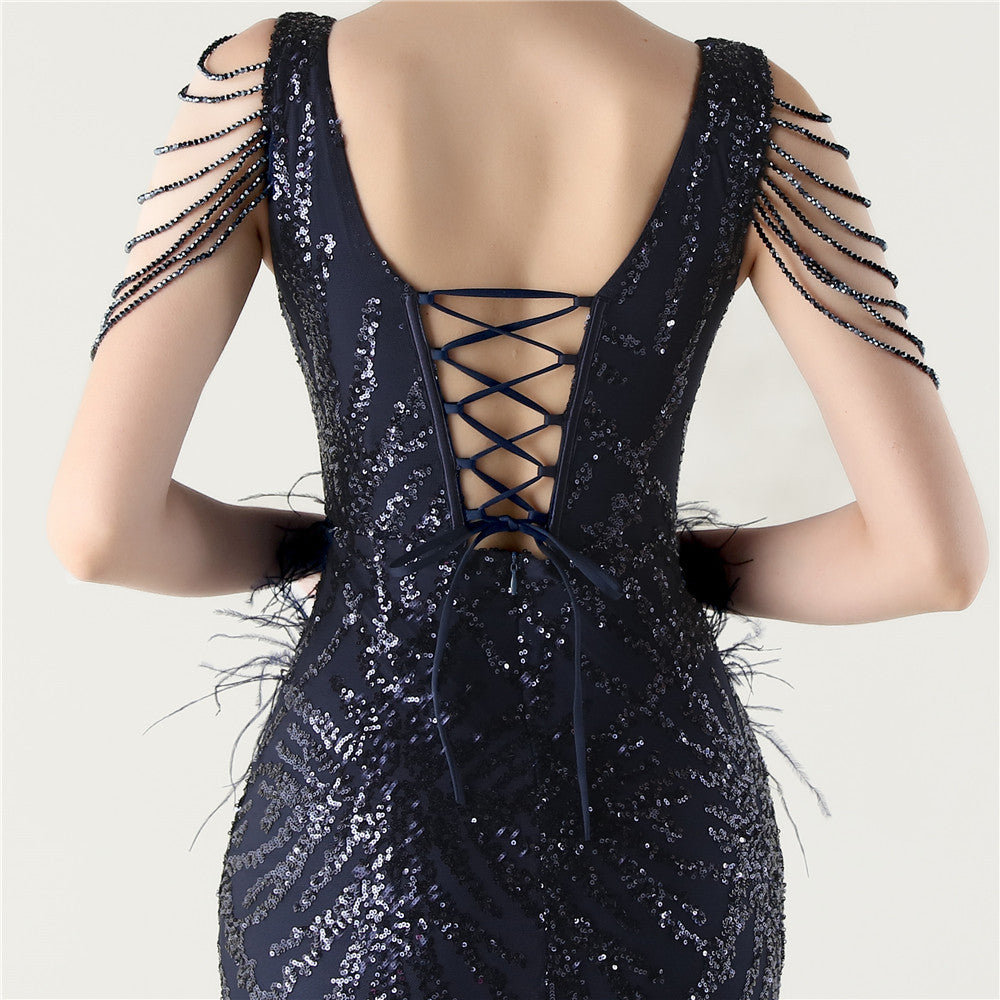 Sequin Slit Dress with Beaded Shoulder Fringe