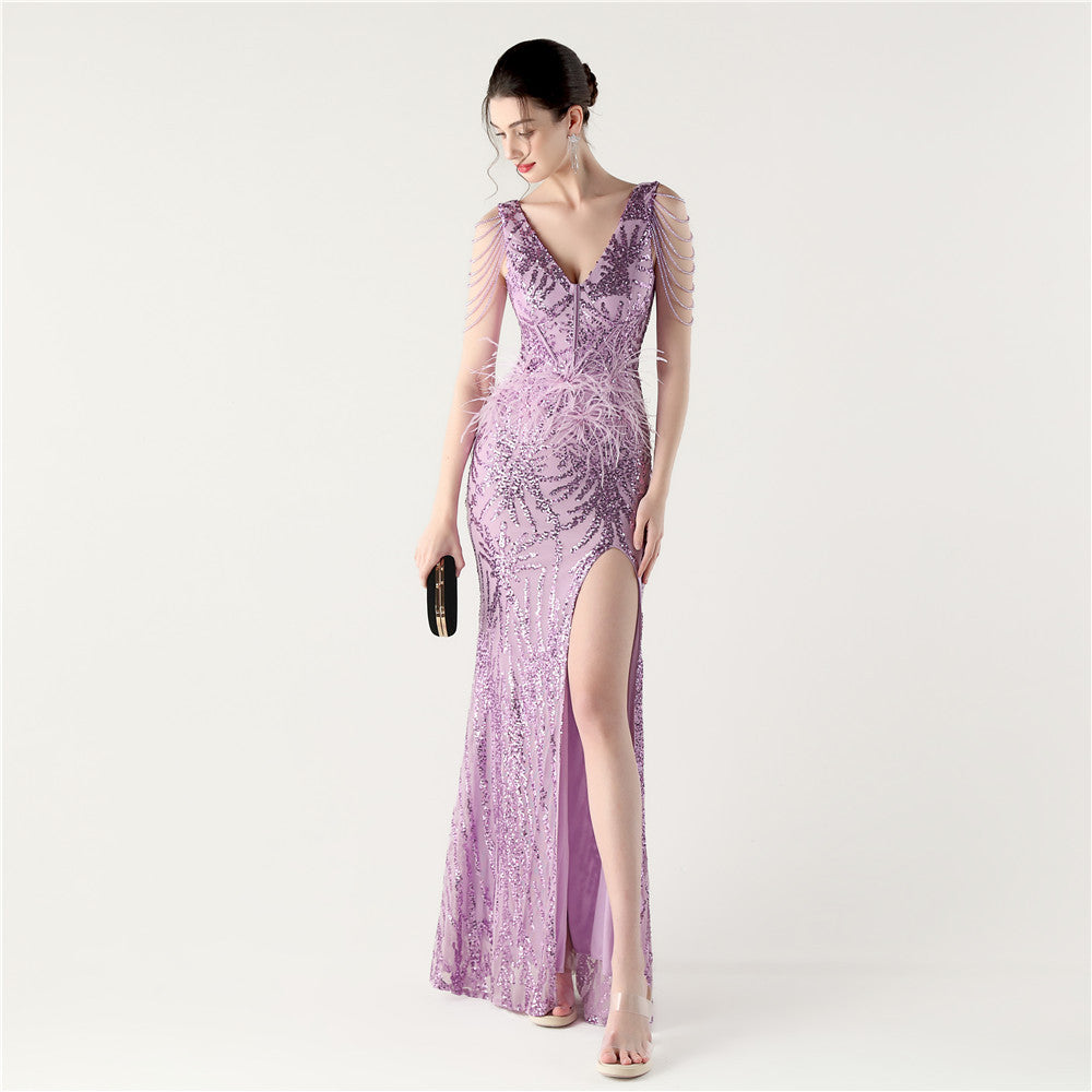 Sequin Slit Dress with Beaded Shoulder Fringe