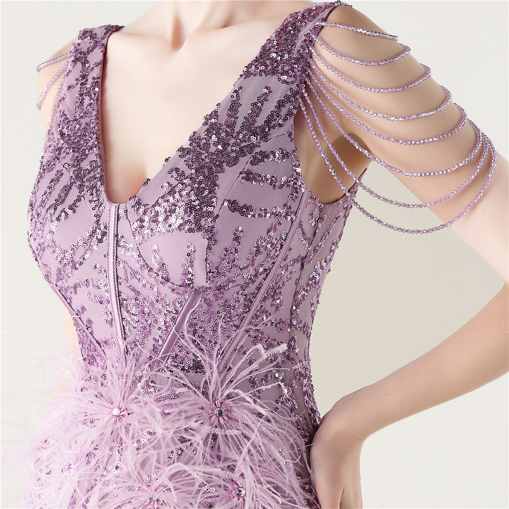 Sequin Slit Dress with Beaded Shoulder Fringe