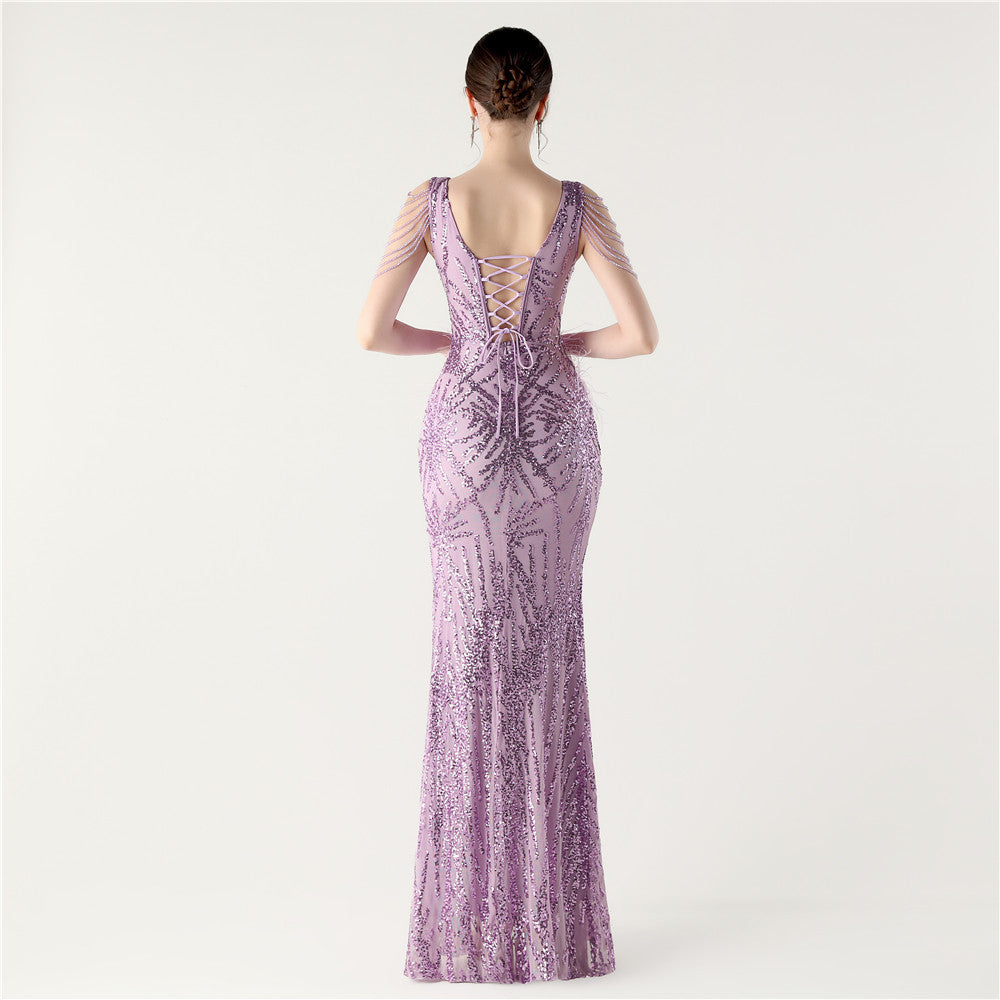 Sequin Slit Dress with Beaded Shoulder Fringe