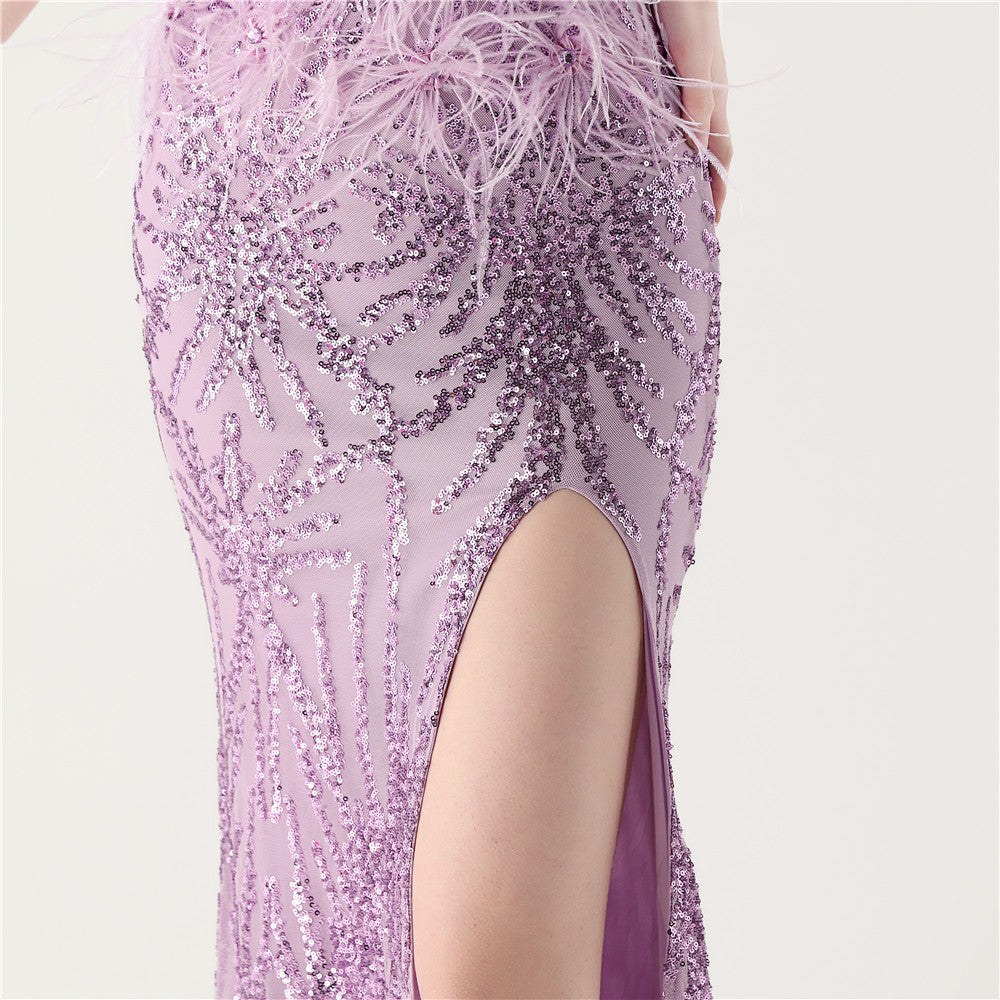 Sequin Slit Dress with Beaded Shoulder Fringe