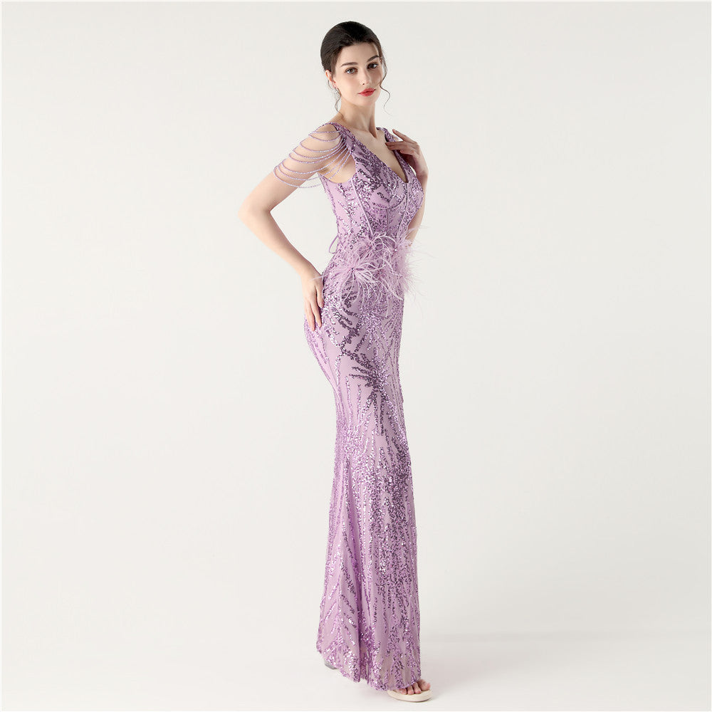 Sequin Slit Dress with Beaded Shoulder Fringe