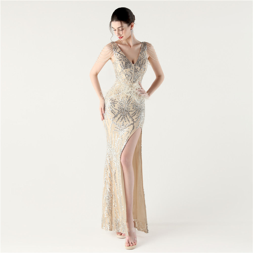 Sequin Slit Dress with Beaded Shoulder Fringe