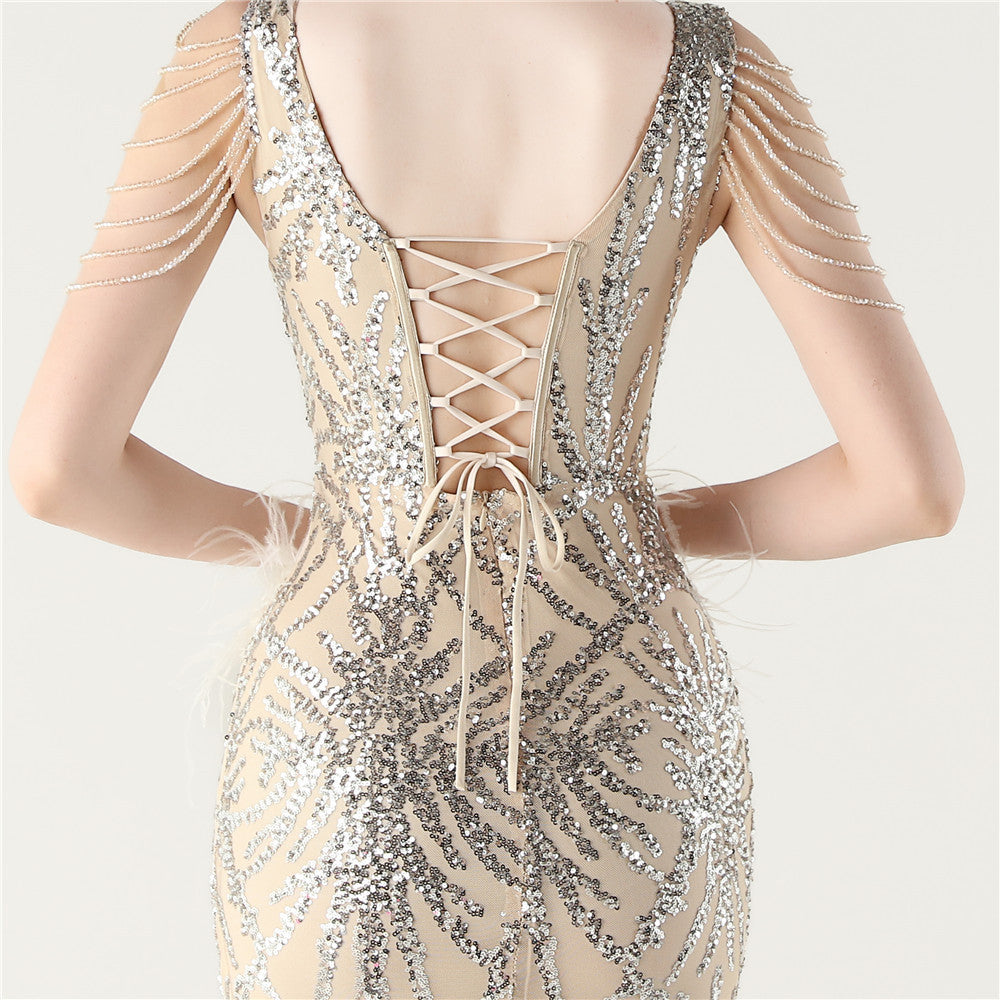 Sequin Slit Dress with Beaded Shoulder Fringe