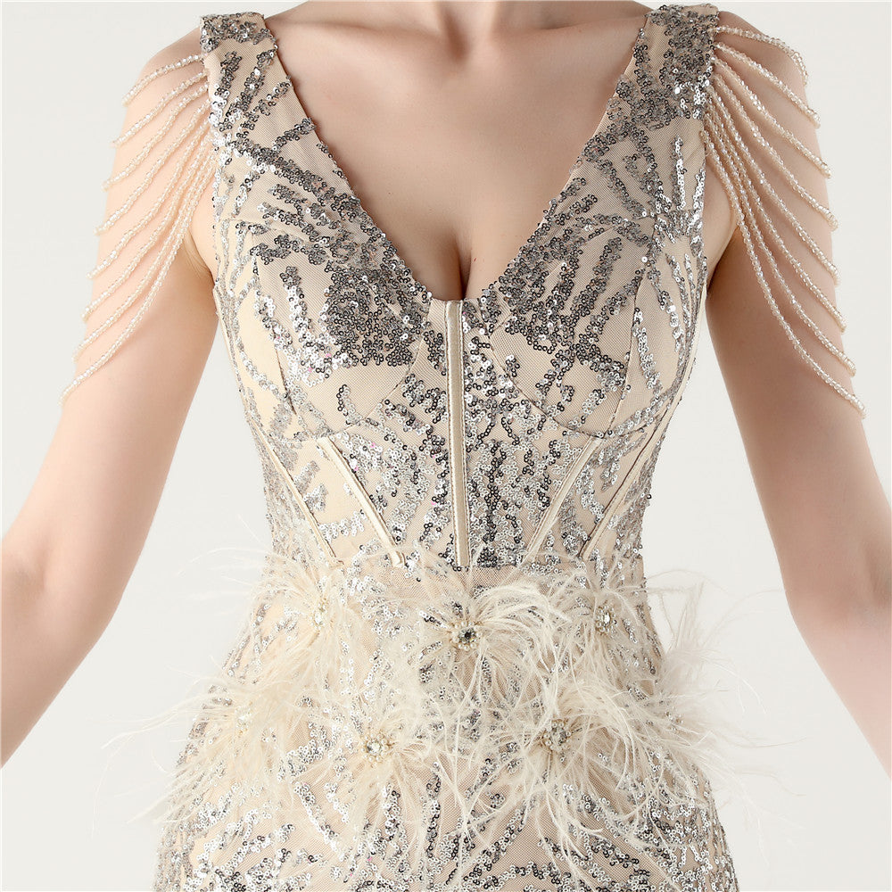 Sequin Slit Dress with Beaded Shoulder Fringe