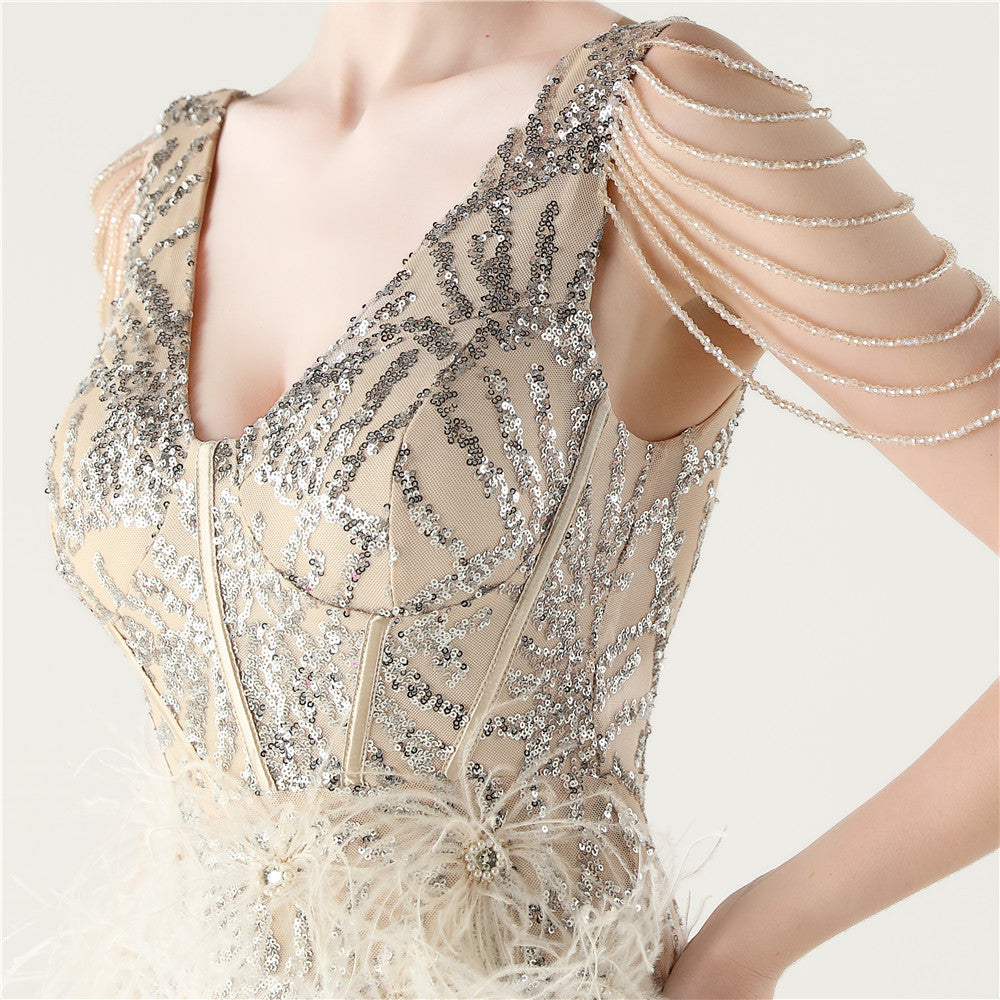 Sequin Slit Dress with Beaded Shoulder Fringe