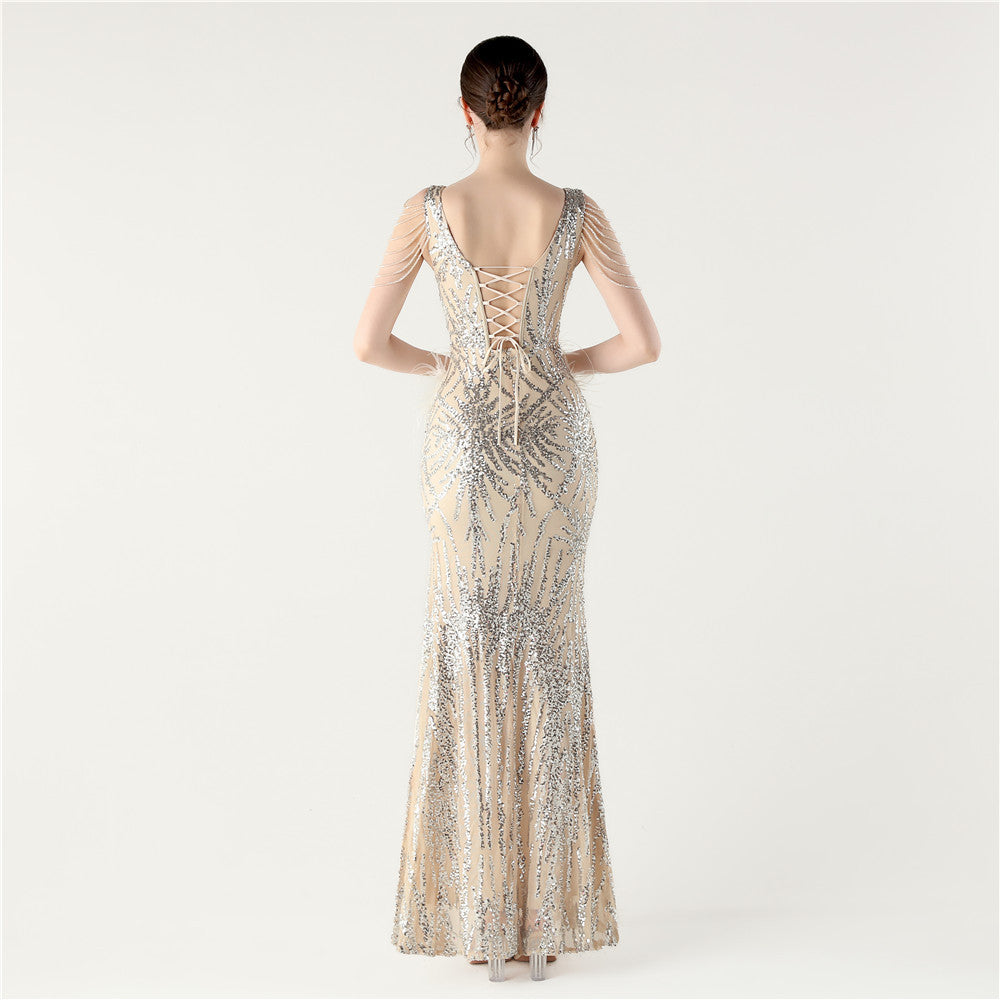 Sequin Slit Dress with Beaded Shoulder Fringe