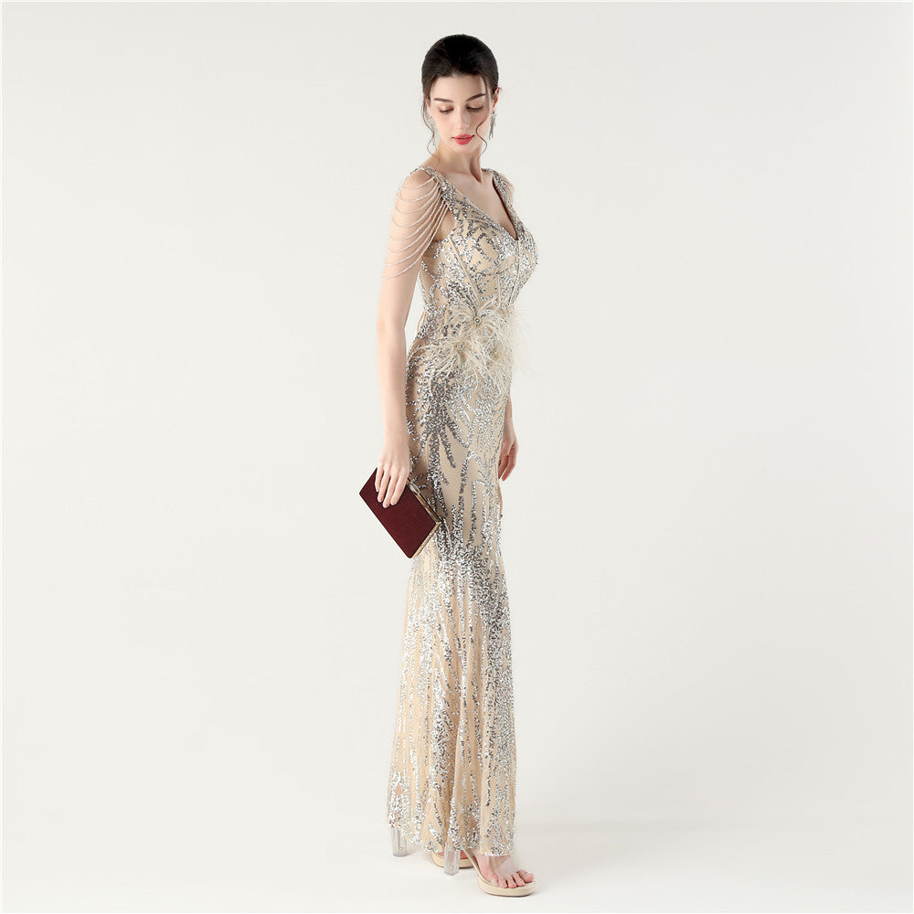 Sequin Slit Dress with Beaded Shoulder Fringe