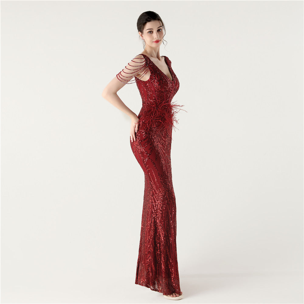 Sequin Slit Dress with Beaded Shoulder Fringe