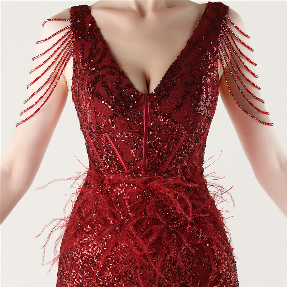 Sequin Slit Dress with Beaded Shoulder Fringe