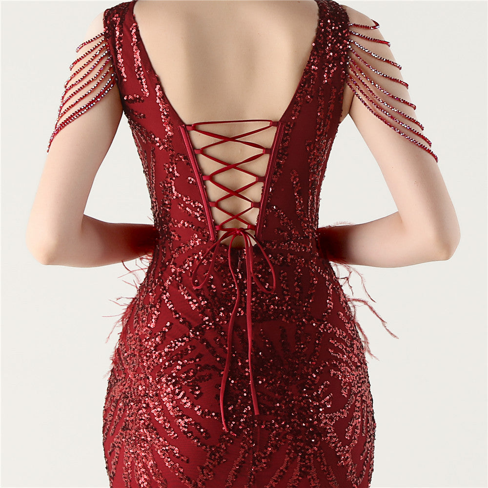 Sequin Slit Dress with Beaded Shoulder Fringe