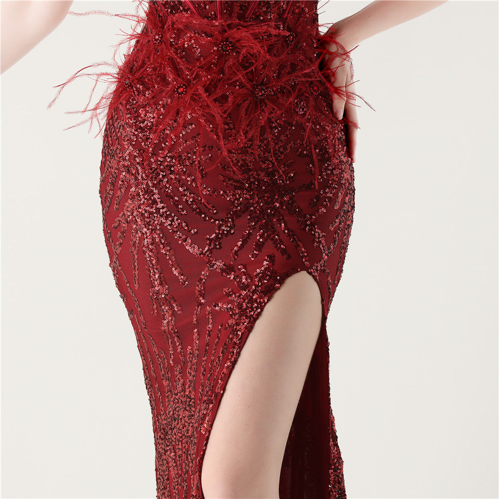 Sequin Slit Dress with Beaded Shoulder Fringe