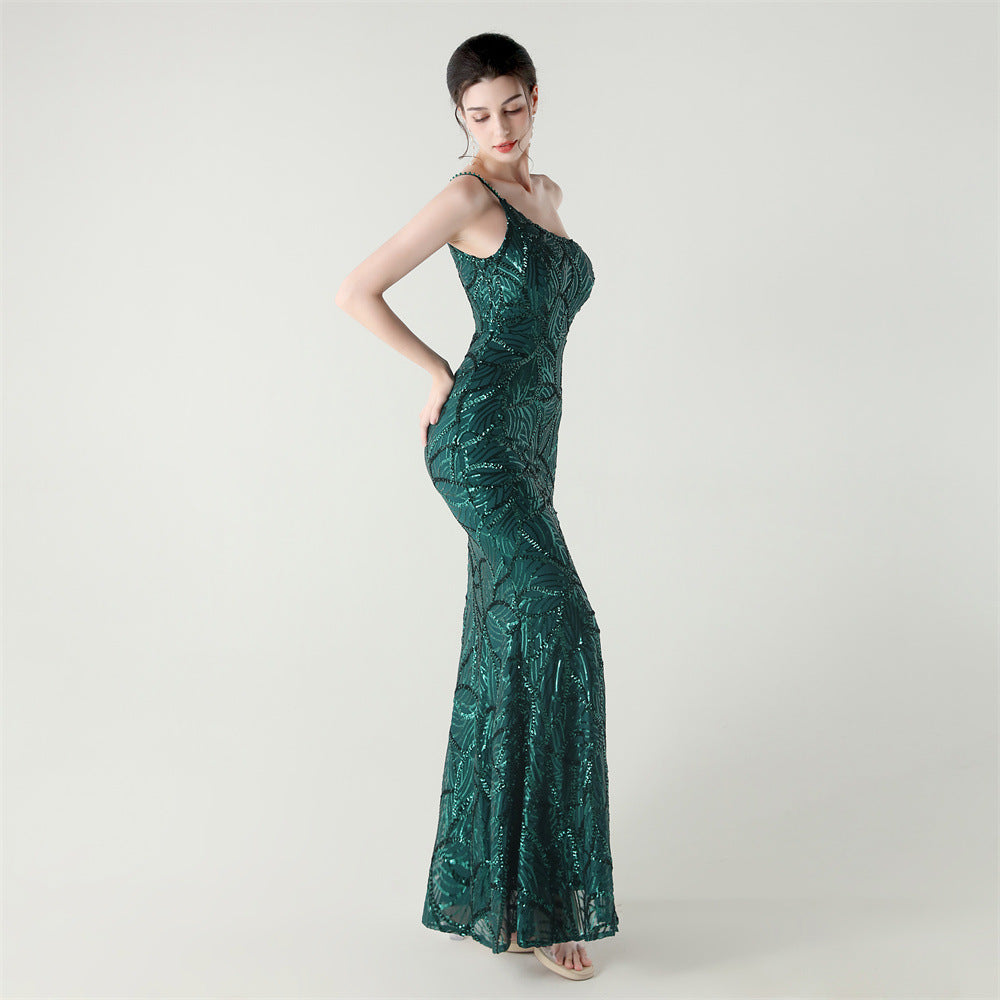 One Shoulder Sleeveless Sequin Embroidered Dress