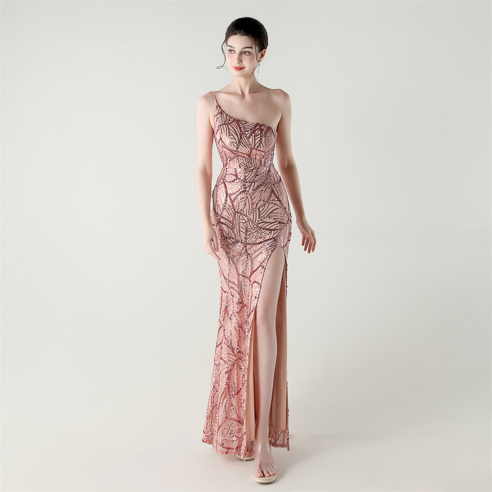 One Shoulder Sleeveless Sequin Embroidered Dress